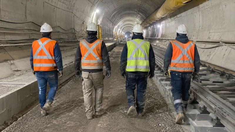 Cuadrilla de trabajadores recorriendo un frente de obra en túnel